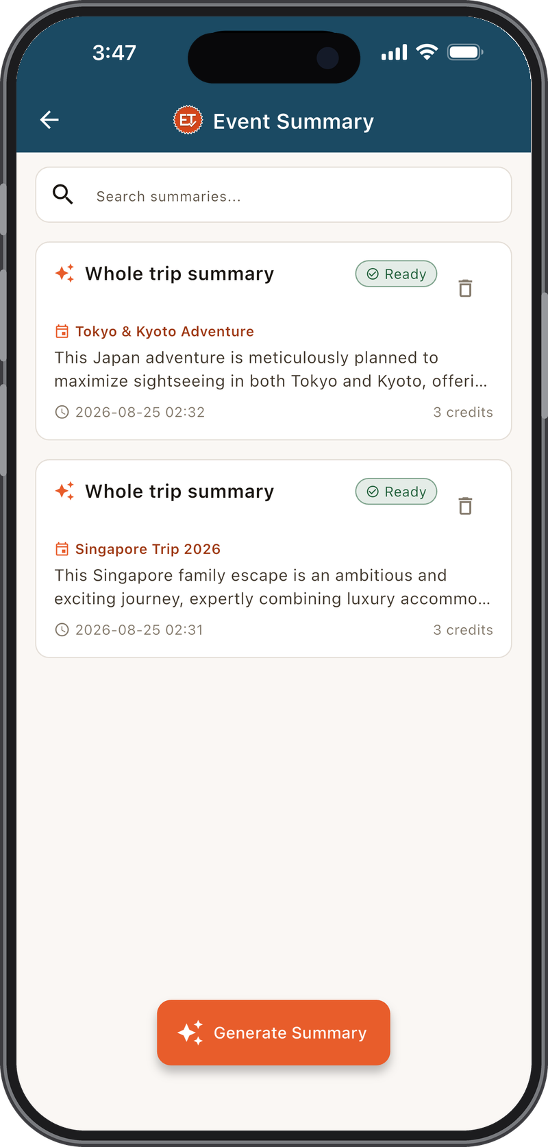 AI trip summaries list - a Gemini-written summary marked Ready for each trip.