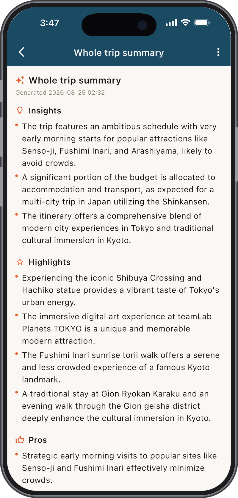 An AI trip summary opened, showing Insights, Highlights and Pros for the trip - fully editable.