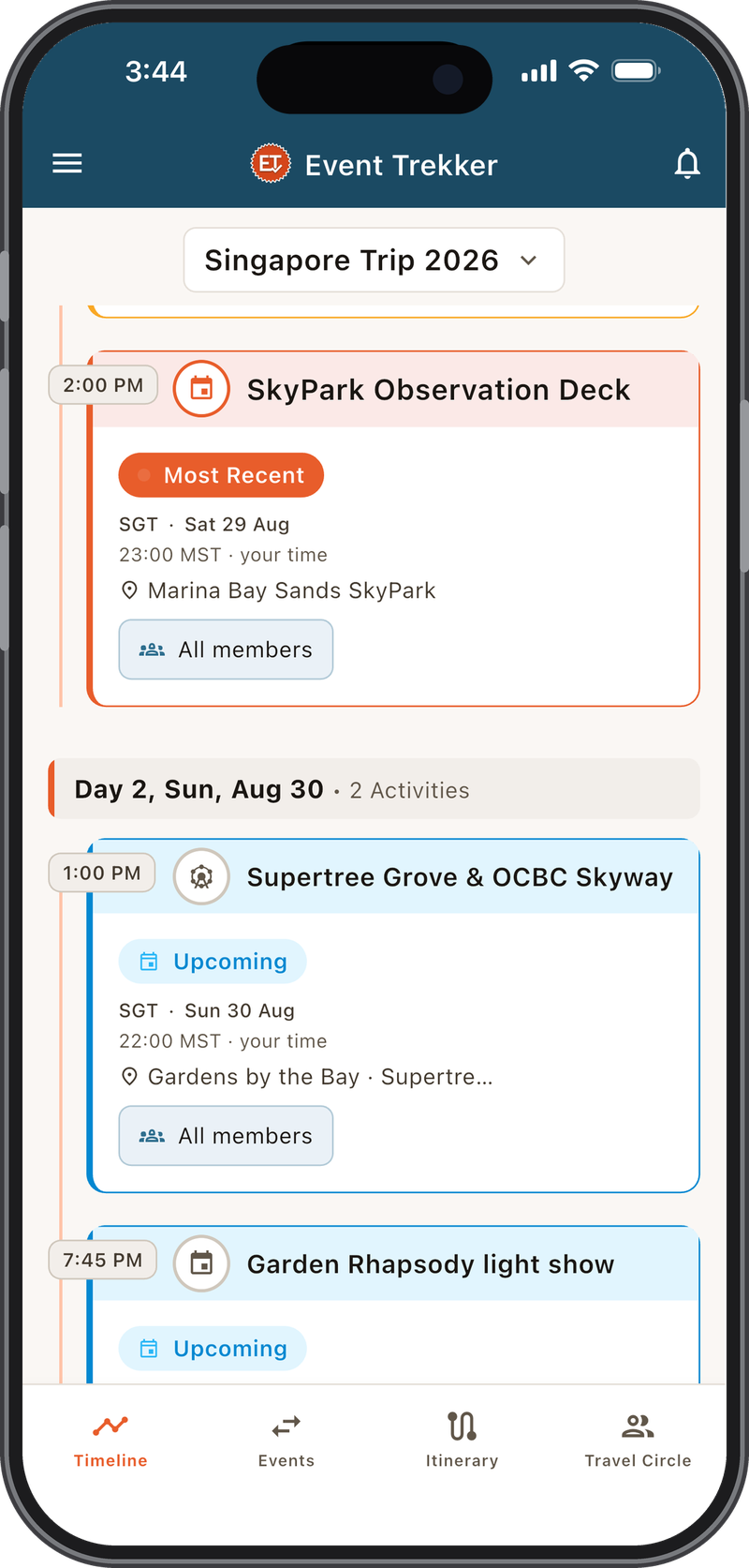 Event Trekker timeline for a Singapore trip, Day 2 activities each shown in the venue's local time next to your own time.